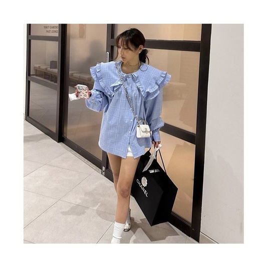 ラッフルカラー ギンガムチェックブラウス LIGHT BLUE CHECK 02