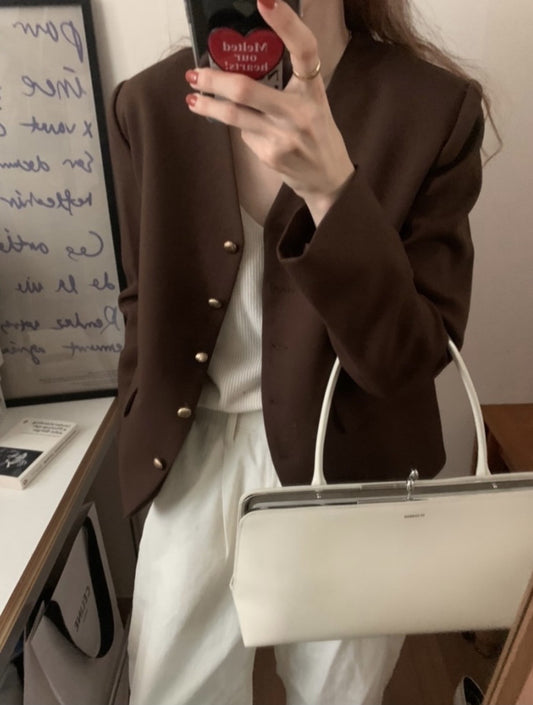 Vネック ショートテーラードジャケット COLOR:BROWN