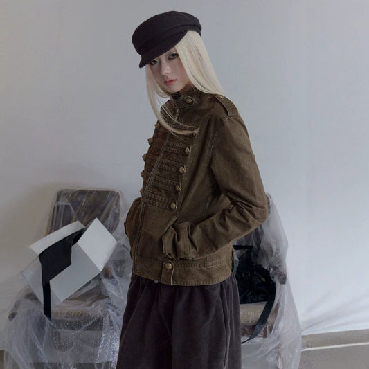ダブルブレスト スタンドカラーデニムジャケット BROWN 02