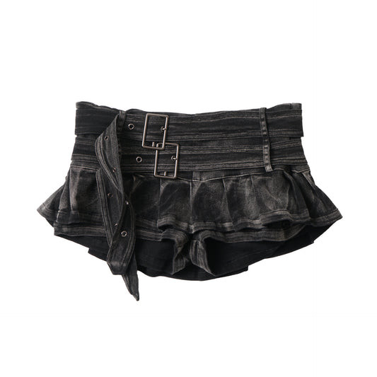 レイヤードプリーツ ミニスカートパンツ COLOR:BLACK