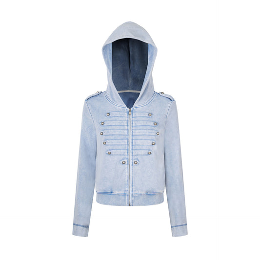 ウォッシュドメタルボタン フーデッドジップスウェット COLOR:BLUE