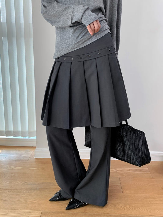 レイヤードプリーツ フレアパンツ COLOR:DARK GREY