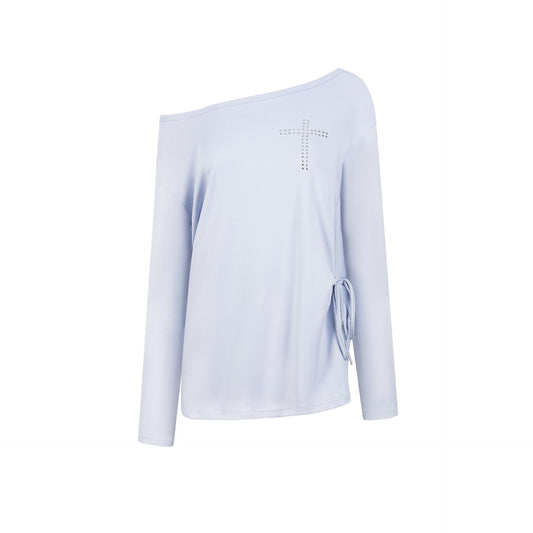 ラインストーンクロス ワンショルダーロングスリーブトップス COLOR:LIGHT BLUE
