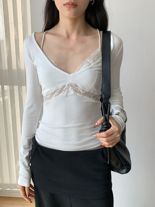 レースレイヤード Vネックロングスリーブトップス COLOR:WHITE