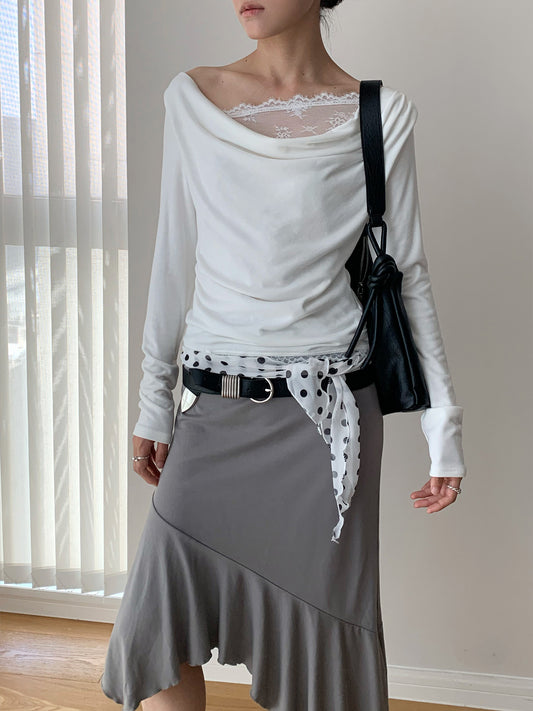 レースパネル ワンショルダークロップドトップス COLOR:WHITE