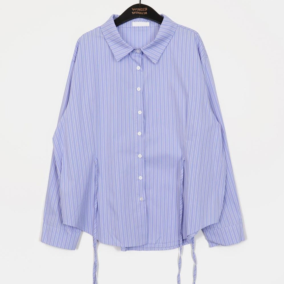 サイドリボン ストライプウエストシェイプシャツ COLOR:BLUE STRIPE