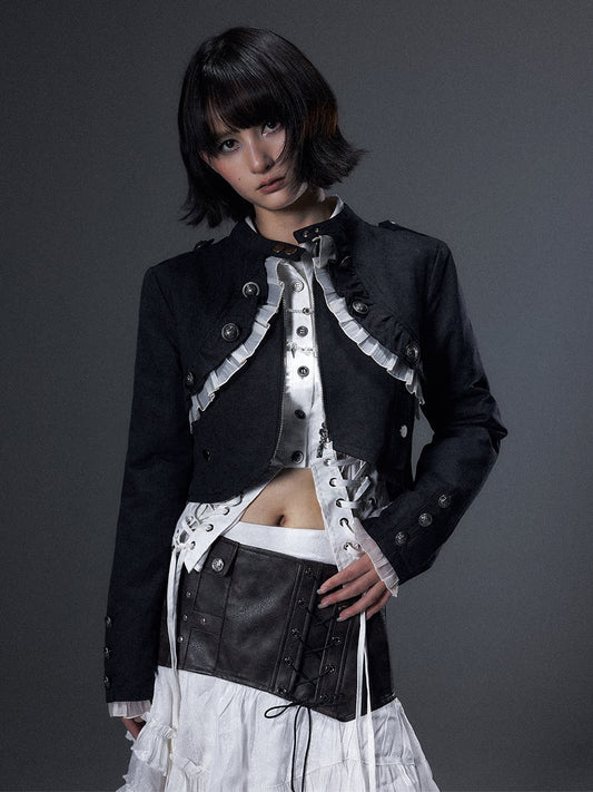 レース メタルバックルショートジャケット BLACK 着用イメージ 2