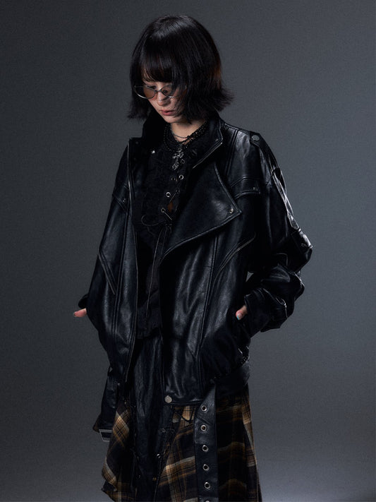 ビッグラペル ルーズバイカージャケット BLACK 着用イメージ 2