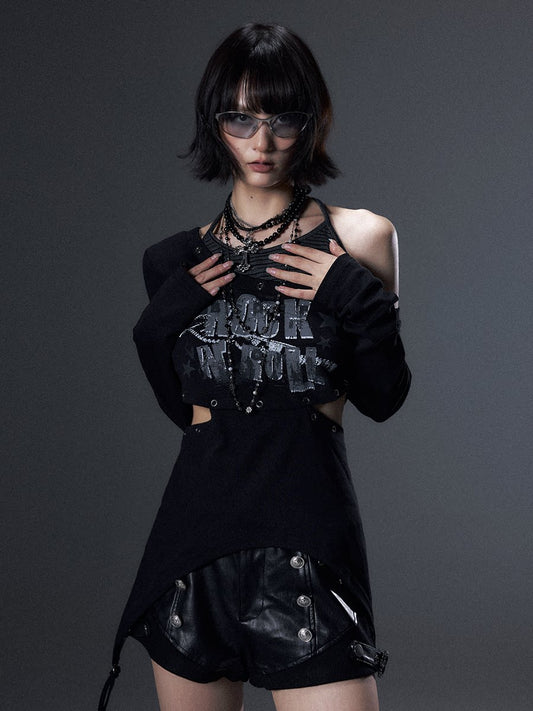 クロスプリント レイヤードロングスリーブTシャツ BLACK 着用イメージ 2