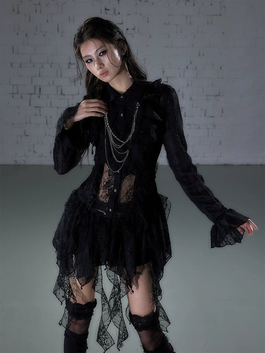 レースシフォン イレギュラーロングシャツドレス BLACK front