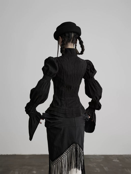 フリンジハイネック パフスリーブブラウス BLACK 2