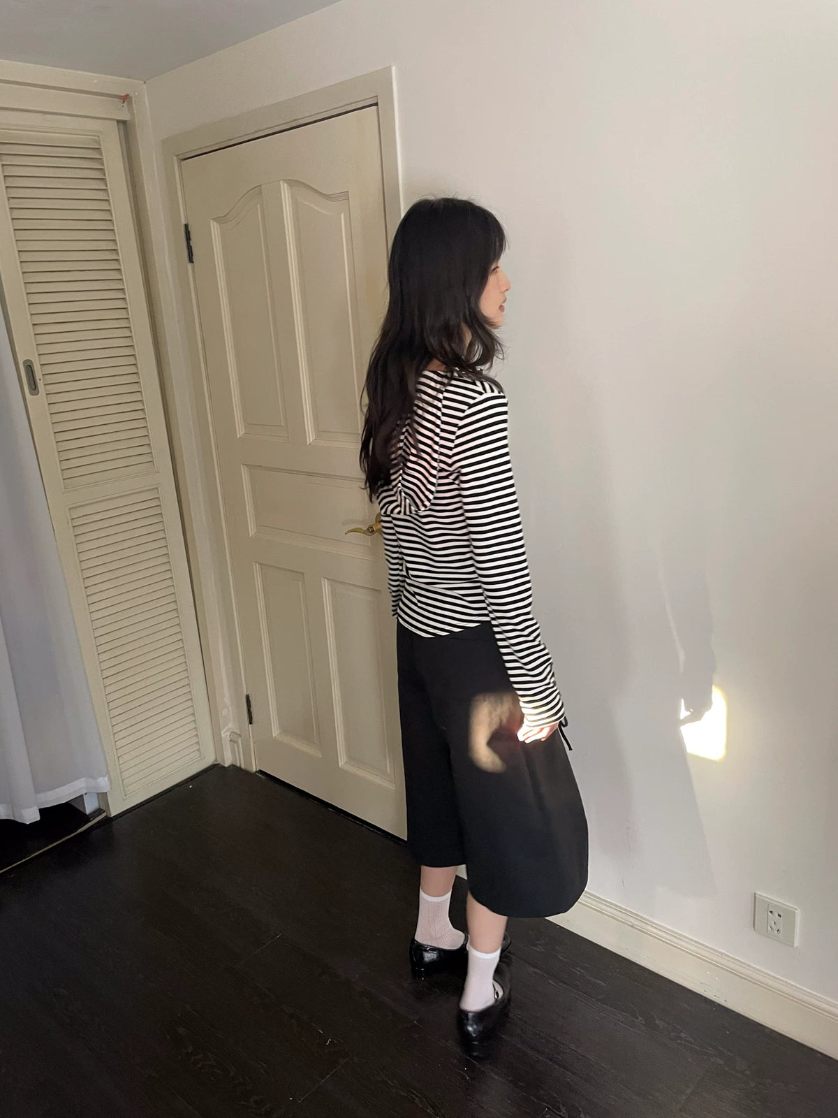 メタルバックル ストライプニットフーディー styling 19