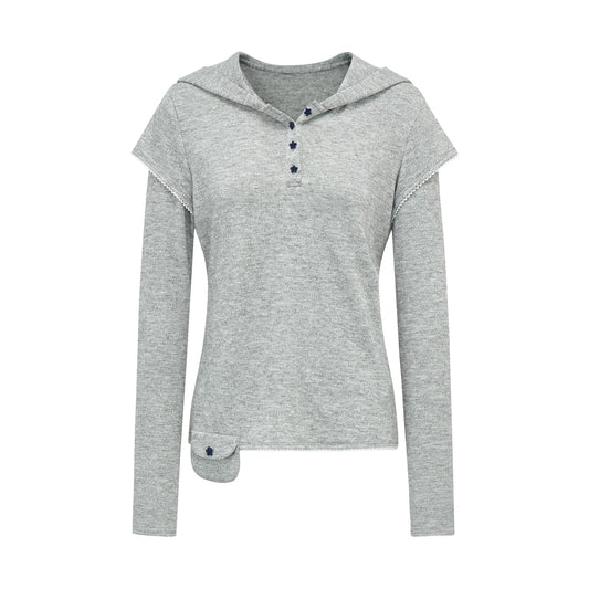 スターボタン レイヤードフーデッドTシャツ LIGHT GREY front