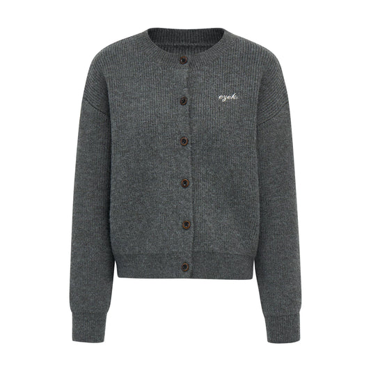 刺繍配色 クルーネックカーディガン CHARCOAL GREY front