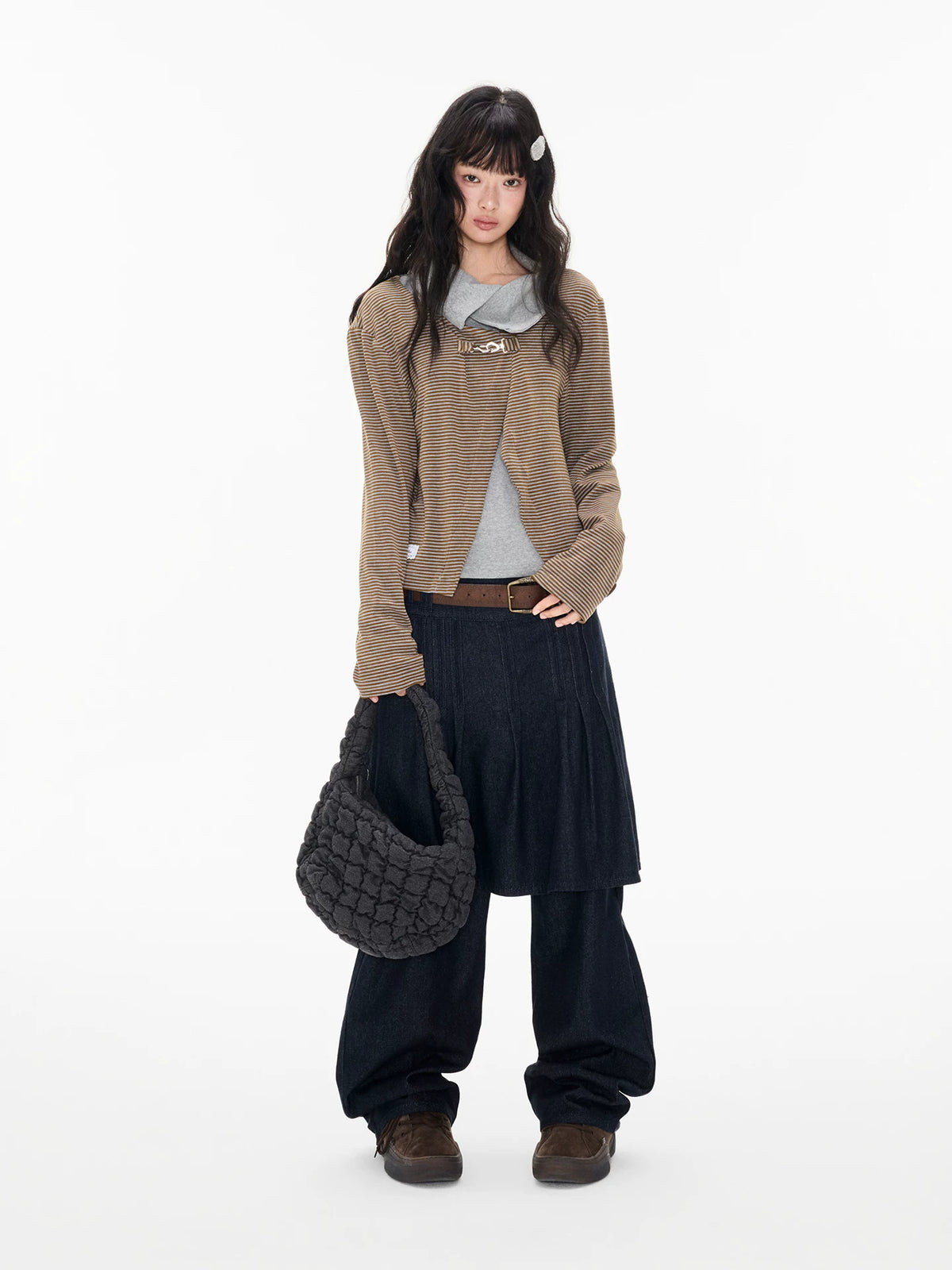 プリーツスカートレイヤード デニムパンツ 着用イメージ 4