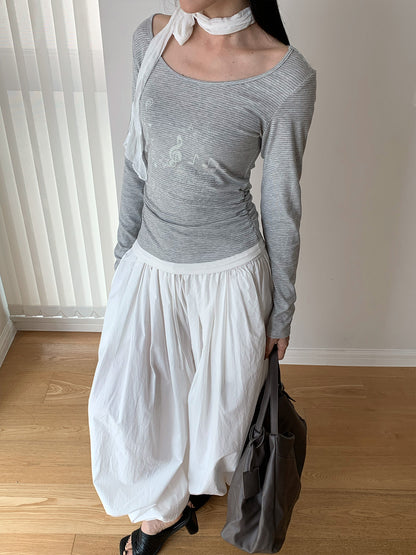 ノートプリント ボーダーレイヤードロングスリーブトップス COLOR:LIGHT GREY
