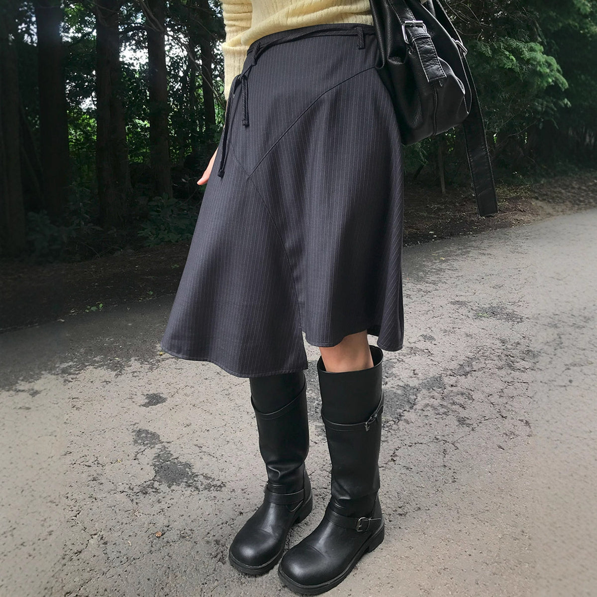 アシンメトリー ボーダードローストリングスカート COLOR:GREY