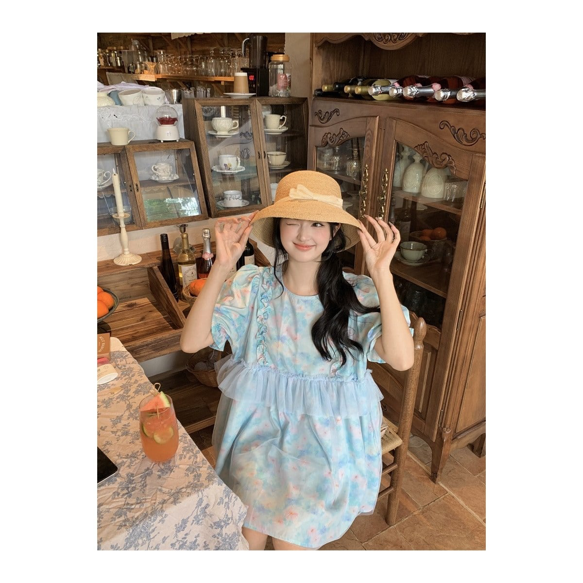 チュールレイヤード フリルロングワンピース BLUE 01