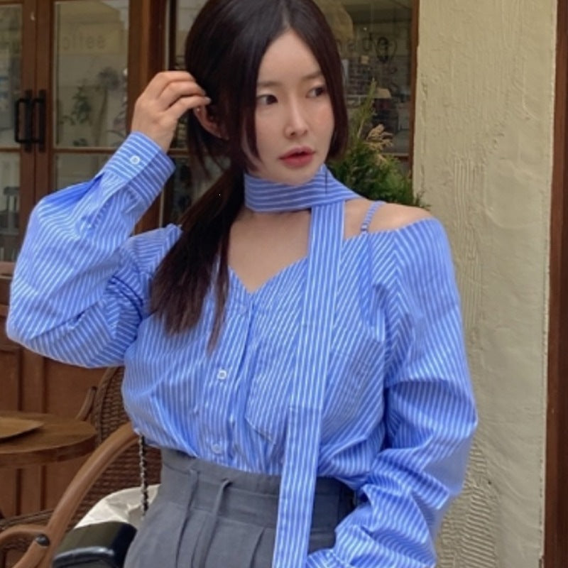 ショルダーストラップ オフショルダーストライプシャツ COLOR:BLUE STRIPE