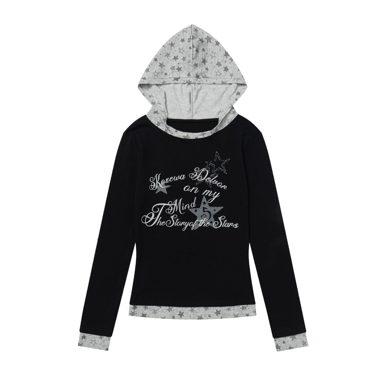 スタープリント レイヤードフーデッドトップス BLACK 01
