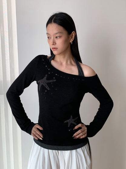 ラインストーンスター オフショルダーレイヤードトップス COLOR:BLACK