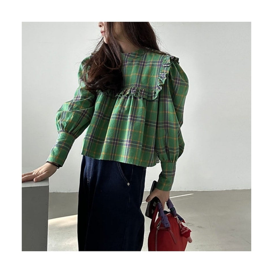 ラッフルカラー グリーンチェックブラウス GREEN CHECK 01