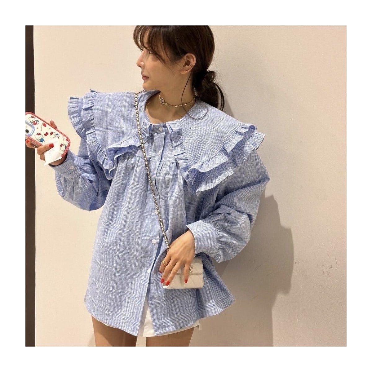 ラッフルカラー ギンガムチェックブラウス LIGHT BLUE CHECK 01