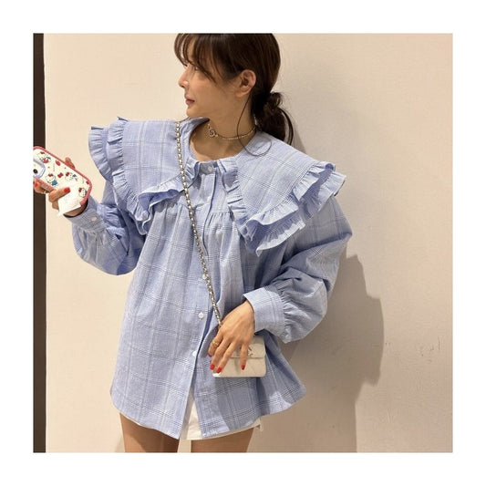 ラッフルカラー ギンガムチェックブラウス LIGHT BLUE CHECK 01