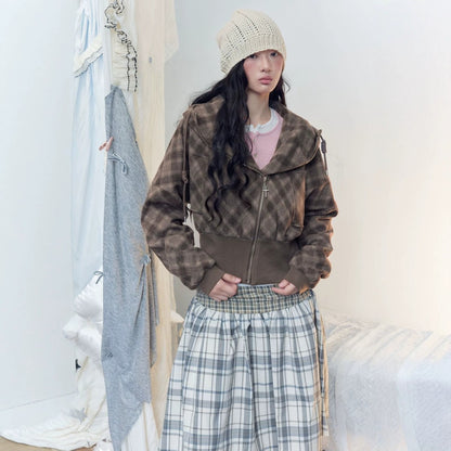 アシンメトリージップ ウエストリブチェックフーディー BROWN 01