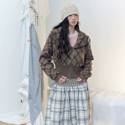 アシンメトリージップ ウエストリブチェックフーディー BROWN 01