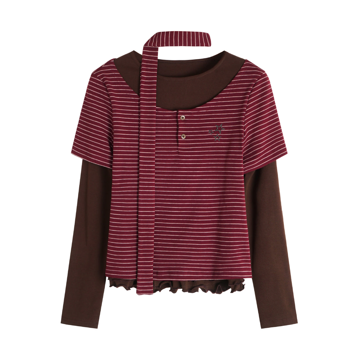 スカーフレイヤード ボーダーロングスリーブトップス COLOR:WINE