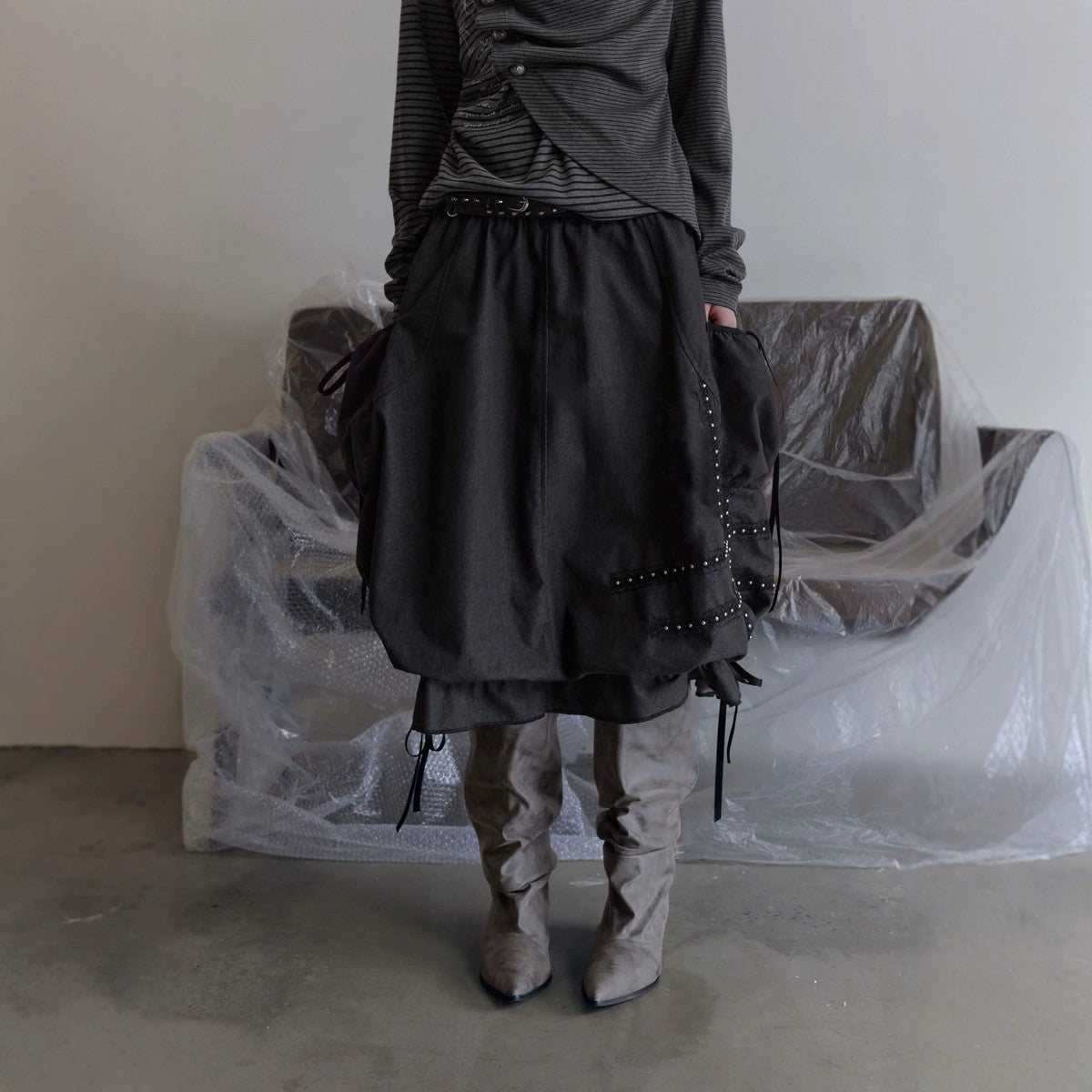 リベットポケット バルーンミディスカート BLACK 01