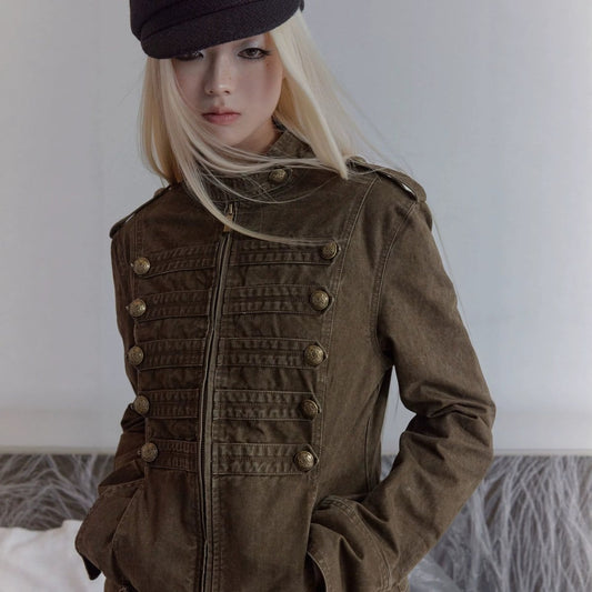 ダブルブレスト スタンドカラーデニムジャケット BROWN 01