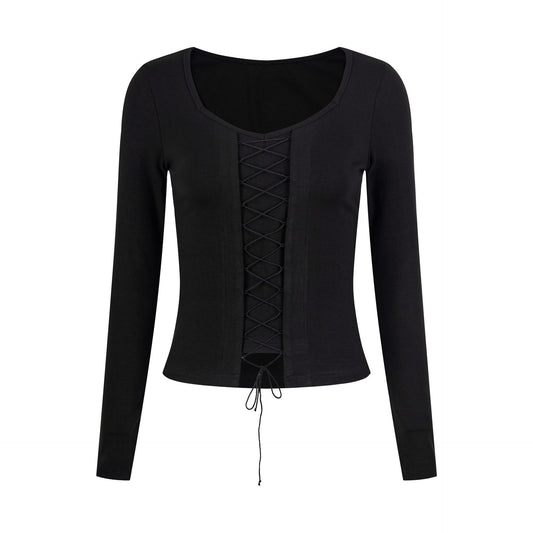 スクエアネック レースアップクロップドトップス COLOR:BLACK