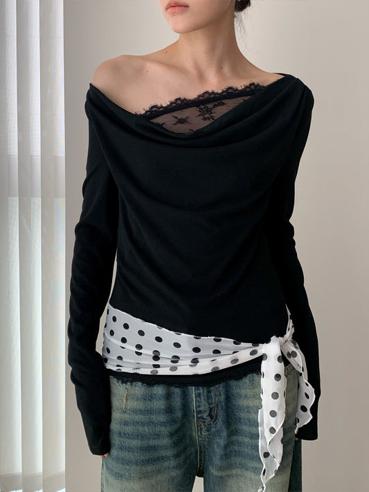 レースパネル ワンショルダークロップドトップス COLOR:BLACK