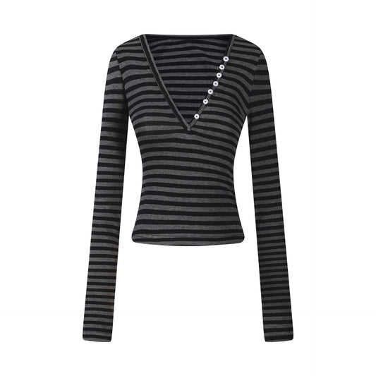 コントラストボーダー Vネッククロップドトップス COLOR:BLACK