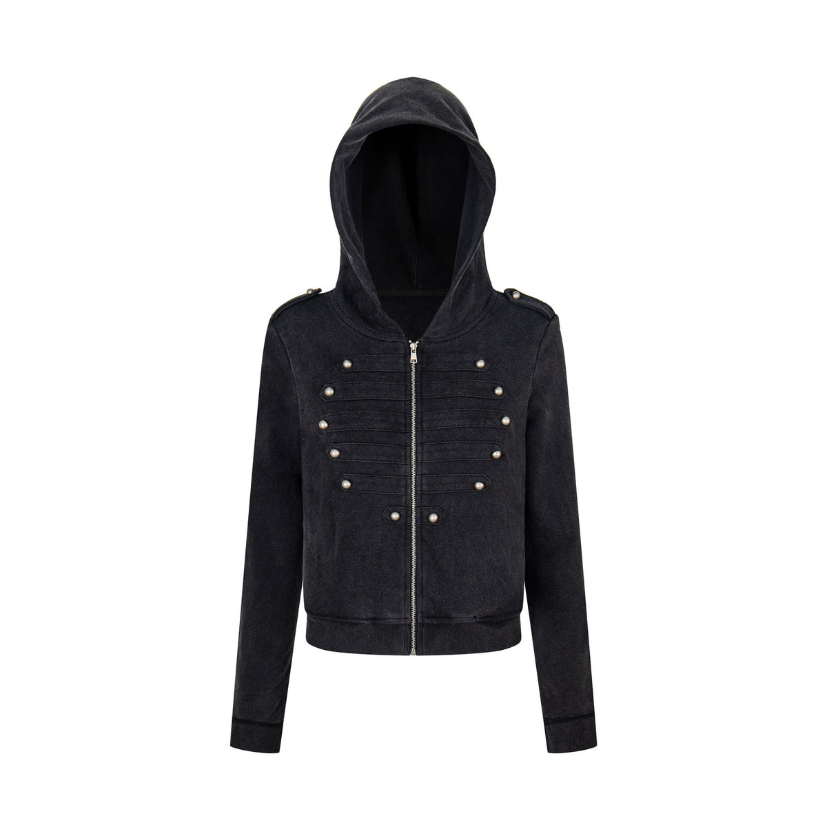 ウォッシュドメタルボタン フーデッドジップスウェット COLOR:BLACK