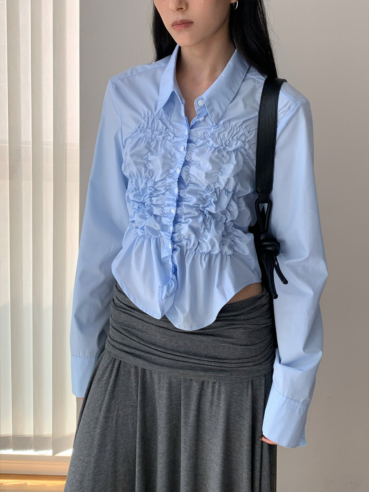 ギャザーウエスト ストライプクロップドシャツ COLOR:BLUE STRIPE