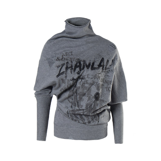 グラフィック ハイネックオーバーサイズニットトップス COLOR:GREY