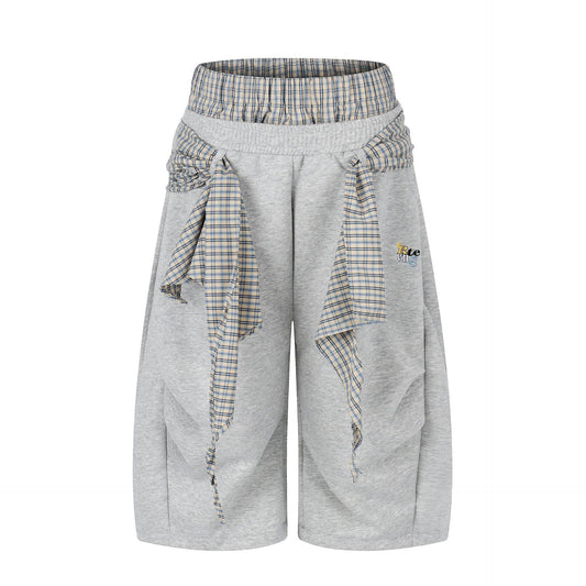 レイヤードウエスト チェックワイドハーフパンツ COLOR:GREY