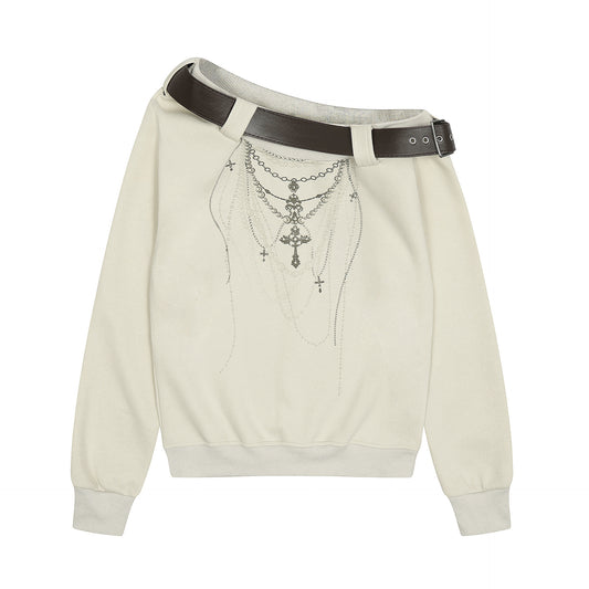 ベルトネック クロスプリントオフショルスウェット COLOR:IVORY