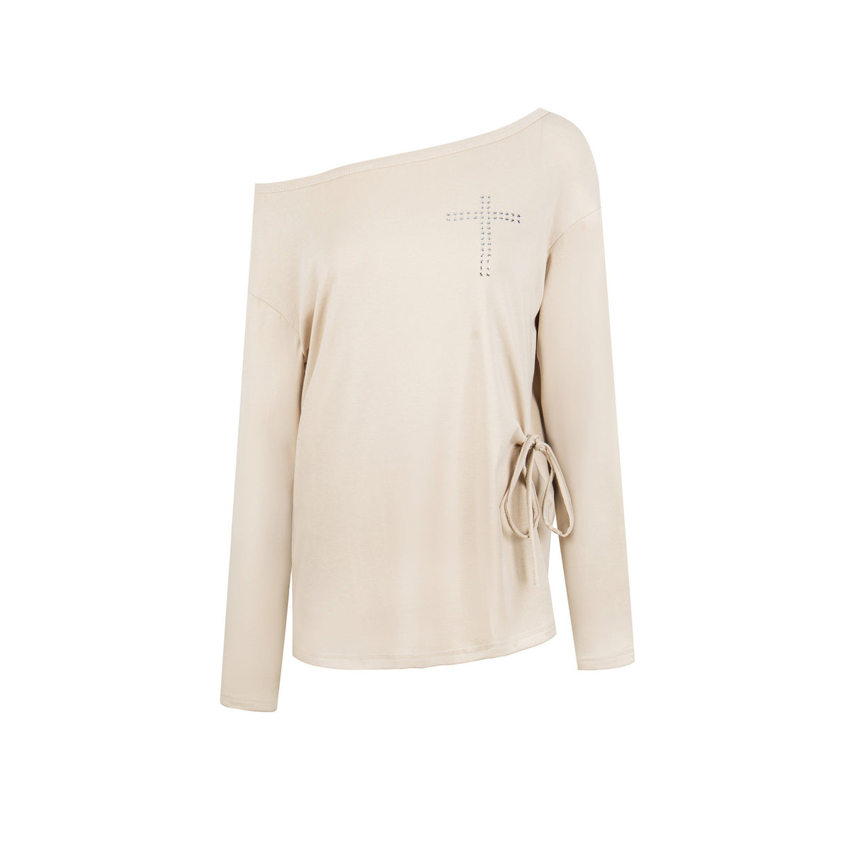 ラインストーンクロス ワンショルダーロングスリーブトップス COLOR:KHAKI