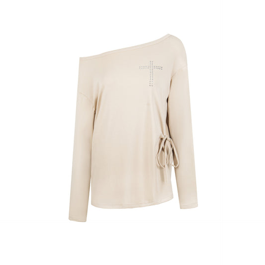 ラインストーンクロス ワンショルダーロングスリーブトップス COLOR:KHAKI