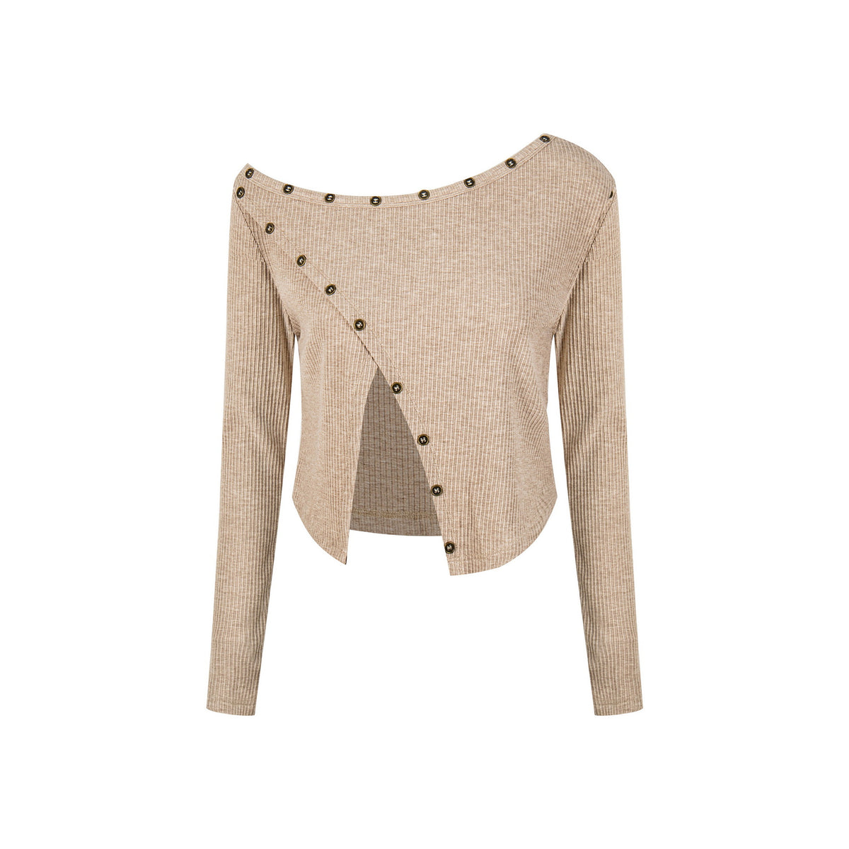 アシンメトリーボタン スクエアネックニットトップス COLOR:KHAKI