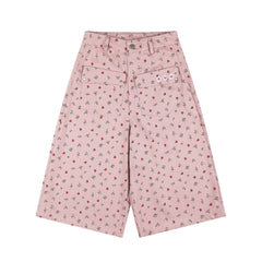 フラワープリント ワイドデニムハーフパンツ