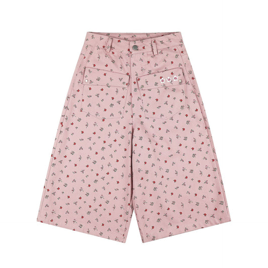 フラワープリント ワイドデニムハーフパンツ COLOR:PINK