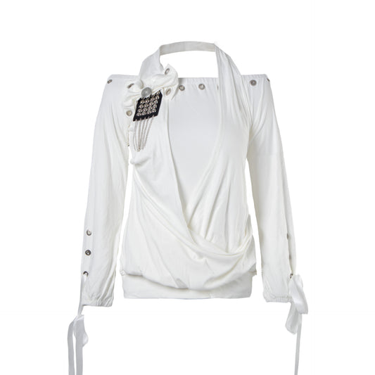ホルターレイヤード カットアウトロングスリーブトップス COLOR:WHITE