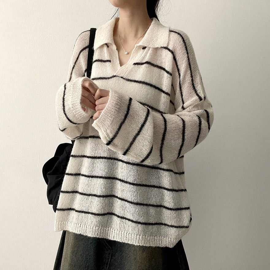 スキッパーカラー ボーダーニットプルオーバー COLOR:WHITE STRIPE