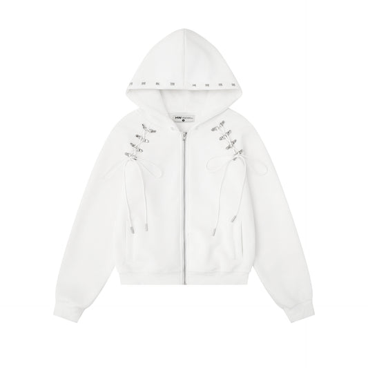 スタッズストラップ クロップドジップフーディー COLOR:WHITE