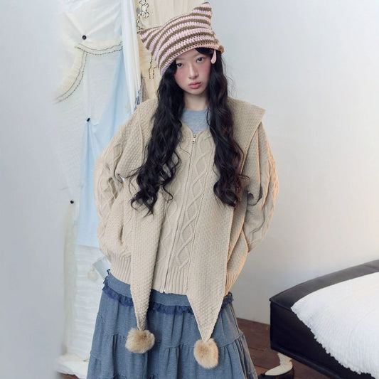 ポンポンドローコード ケーブルフーデッドニットカーディガン KHAKI 01